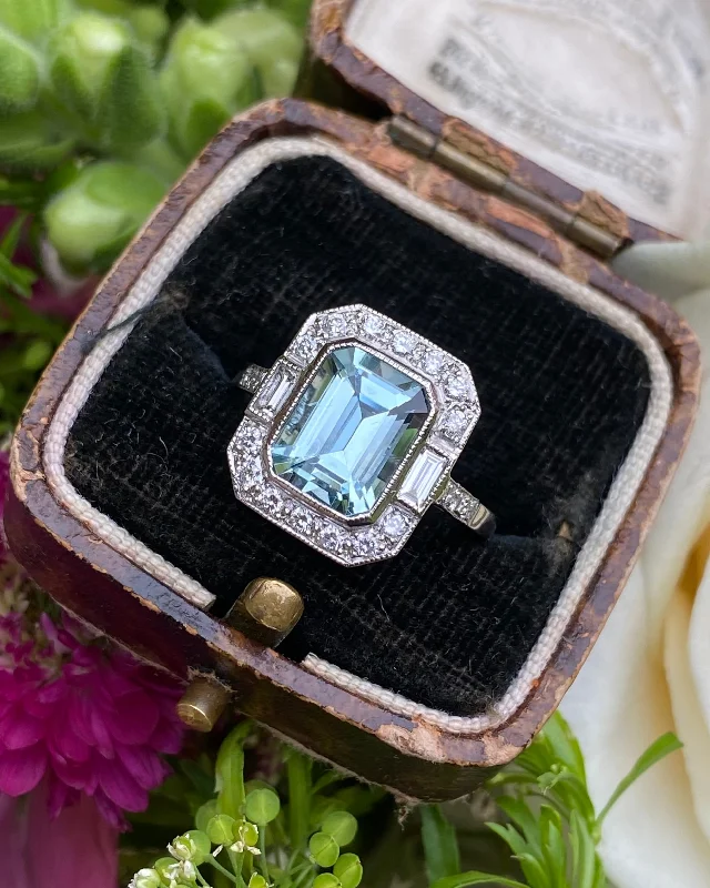 Gothic style rings-Art Deco Aquamarine and Diamond Platinum Ring 0.50ct + 2.20ct