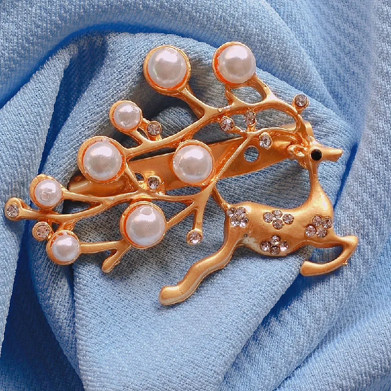 Antique gold brooches-Mahi Running Deer Shaped Shirt Stud / Brooch Lapel Pin with Artificial Pearl and Crystals for Women (BP1101090GWhi)