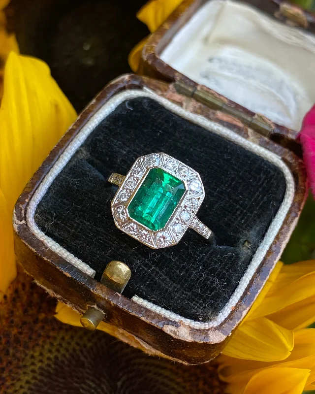 Small dot rings-Art Deco Emerald and Diamond Cluster Ring Platinum 0.45ct + 1.45ct