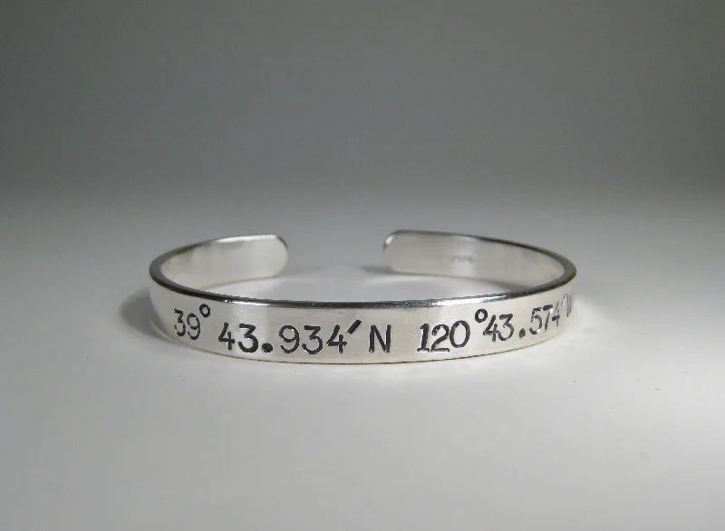 Woven cord bracelets-Men's Sterling Silver Cuff w/ Latitude & Longitude, 8mm, Large Text