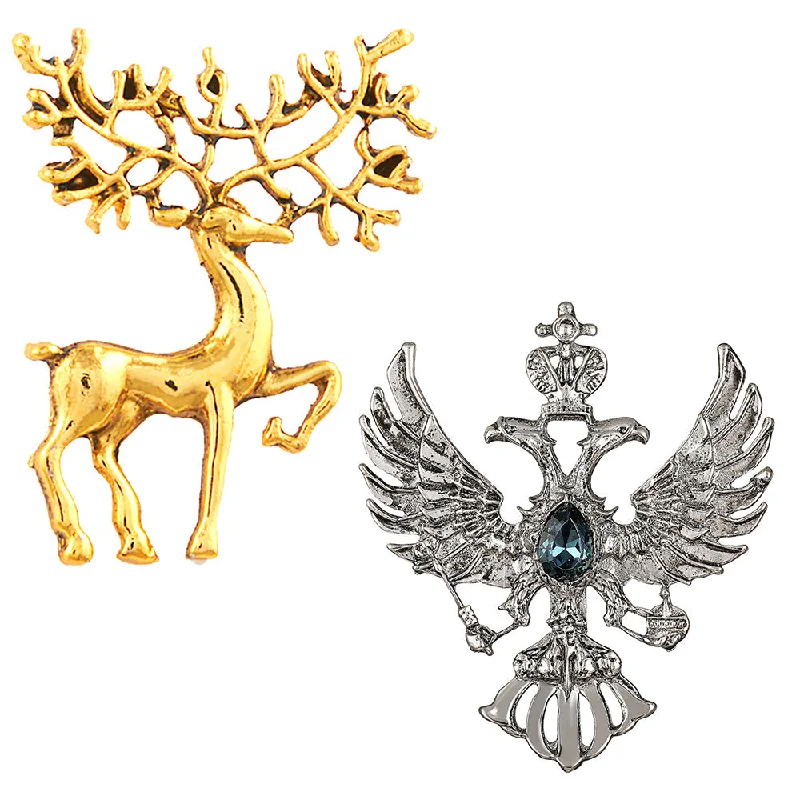 Magnetic clasp brooches-Mahi Combo of Deer and Dual Eagle Head Shaped Wedding Brooch / Lapel Pin with Blue Crystals for Men (CO1105503M)