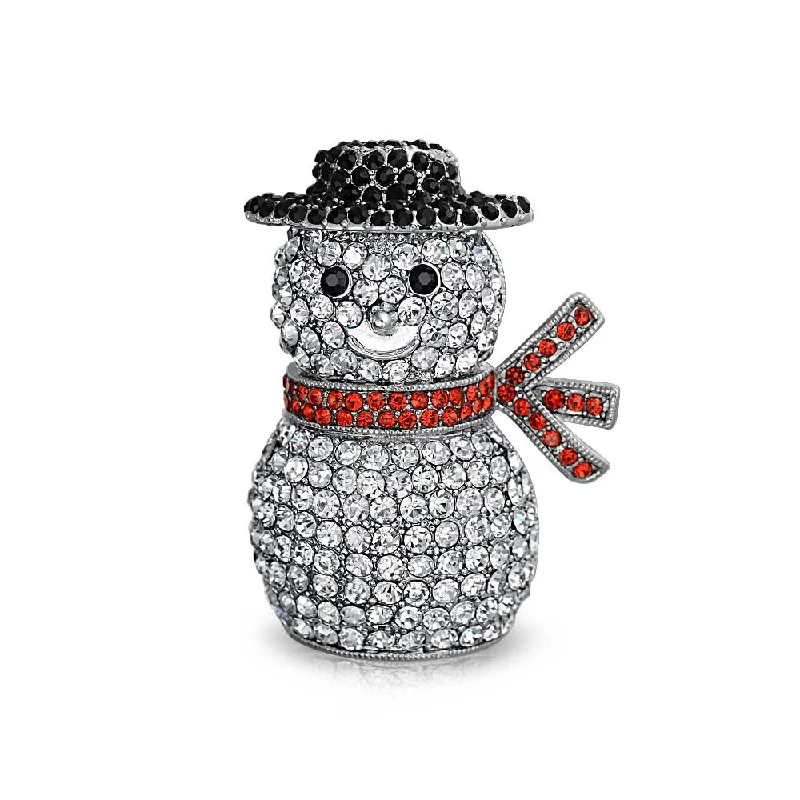 Luxe velvet brooches-Winter Holiday White Glitter Crystal Snowman Scarf Brooche Pin Silver Plated