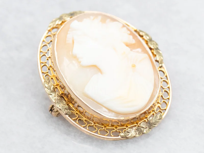 Art deco brooches-Vintage Gold Cameo Filigree Brooch or Pendant