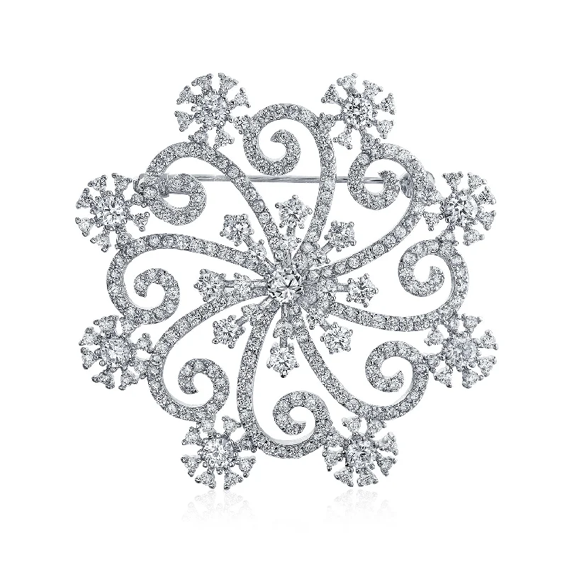 Hammered metal brooches-Large Winter Swirl CZ Snowflake Brooche Pin Silver Plated Brass for Holiday Party