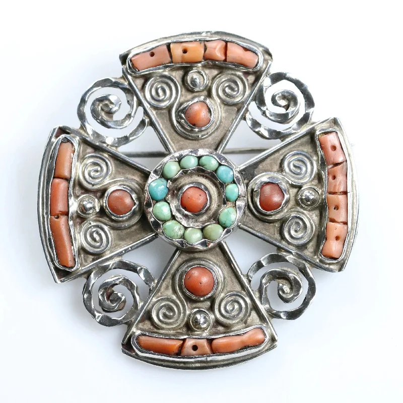 Beaded edge brooches-Vintage MATL Jewelry | Ornate Cross Brooch Coral & Turquoise Mexico