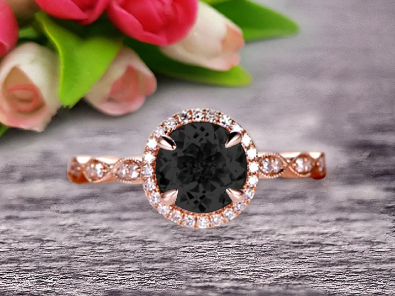 Glossy bead rings-1.50 Carat Round Cut Gemstone Black Diamond Moissanite Engagemrnt Ring Black Diamond Moissanite Ring On 10k Rose Gold Ring