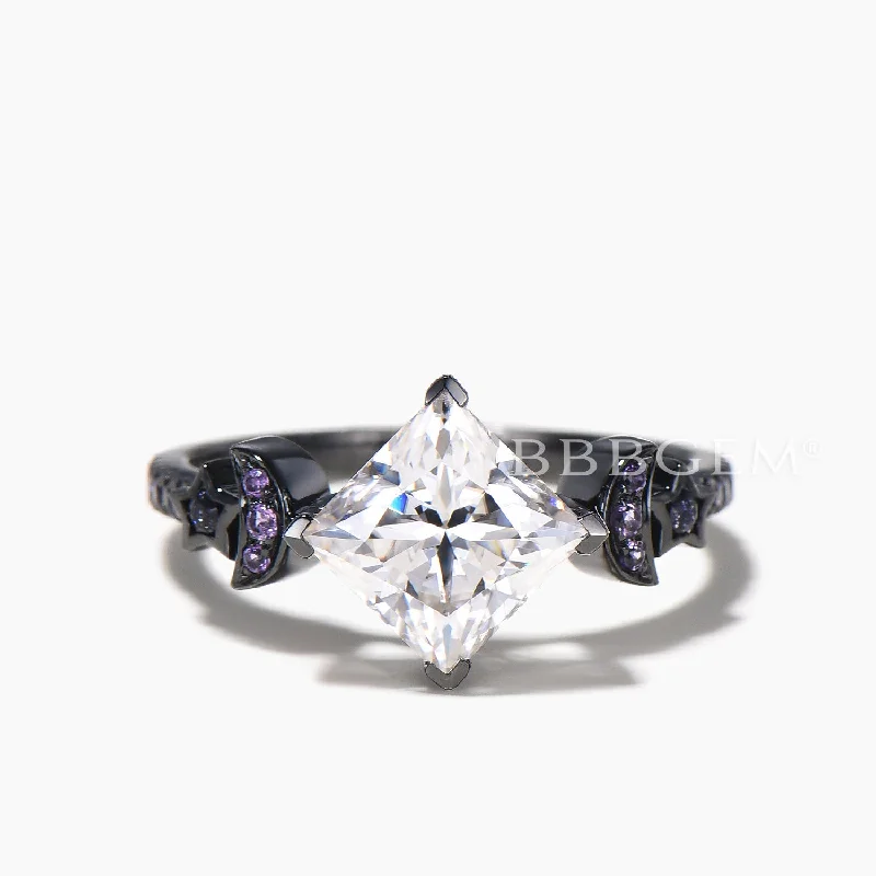 Fine form rings-Princess Cut Moissanite Engagement Ring Black Gold Moon Star Blue Sandstone Band