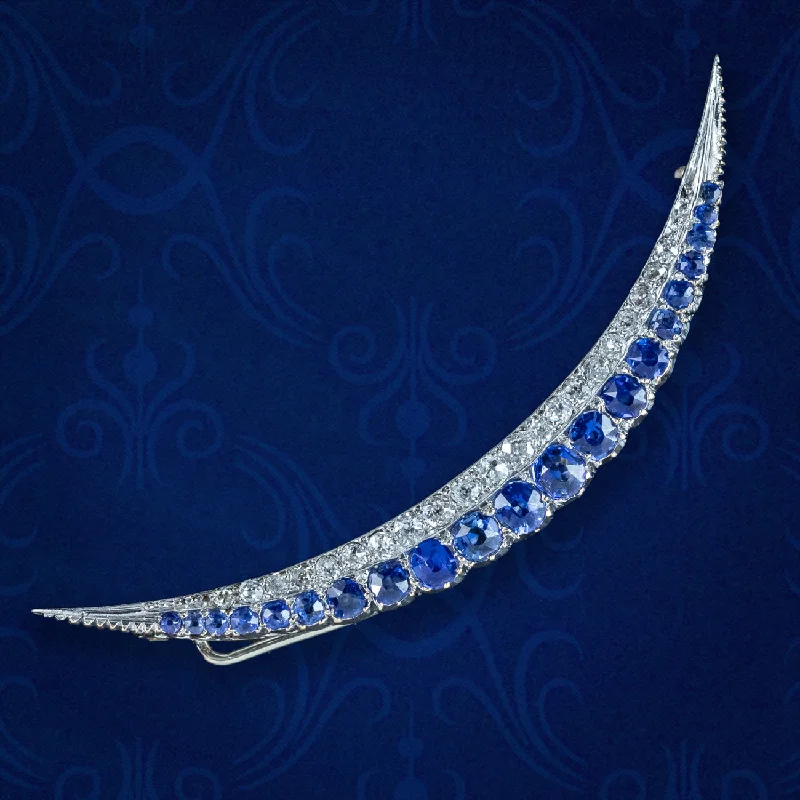 Tribal bead brooches-Antique Edwardian Sapphire Diamond Crescent Brooch 18ct Gold