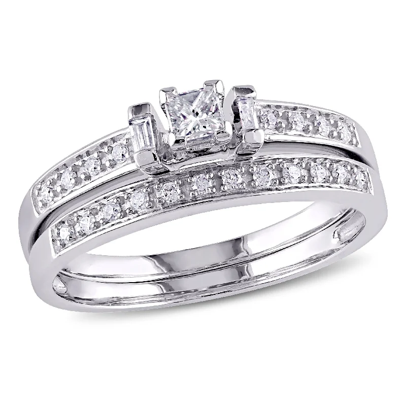 Solid band rings-Mimi & Max 1/3ct TW Princess Cut Baguette Diamond Bridal Set 10k White Gold