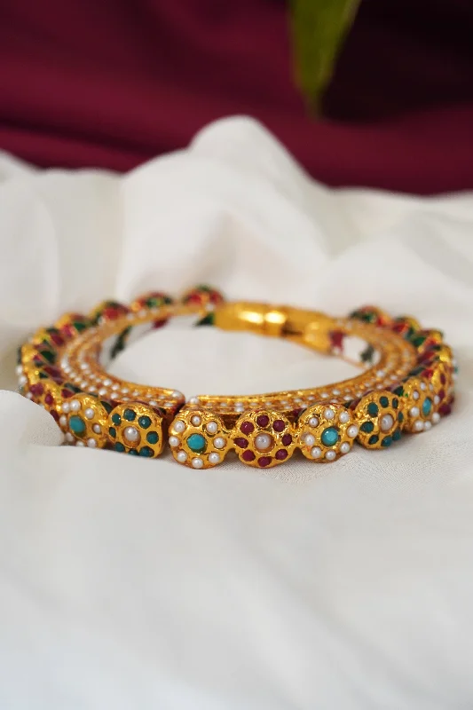 Twisted thread bangles-Gold Plated Multi-Stone Pacheli Openable Kada/Bangle