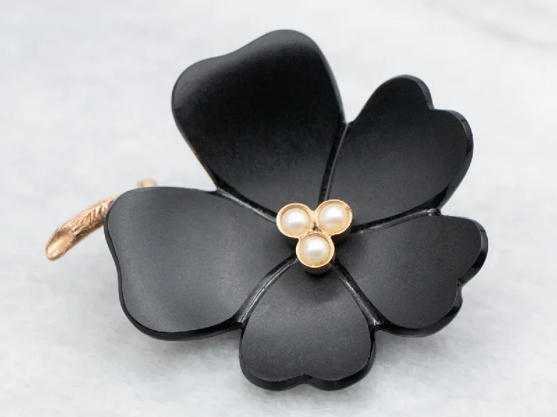 Bold geometric brooches-Black Onyx Flower Brooch with Pearl Accents