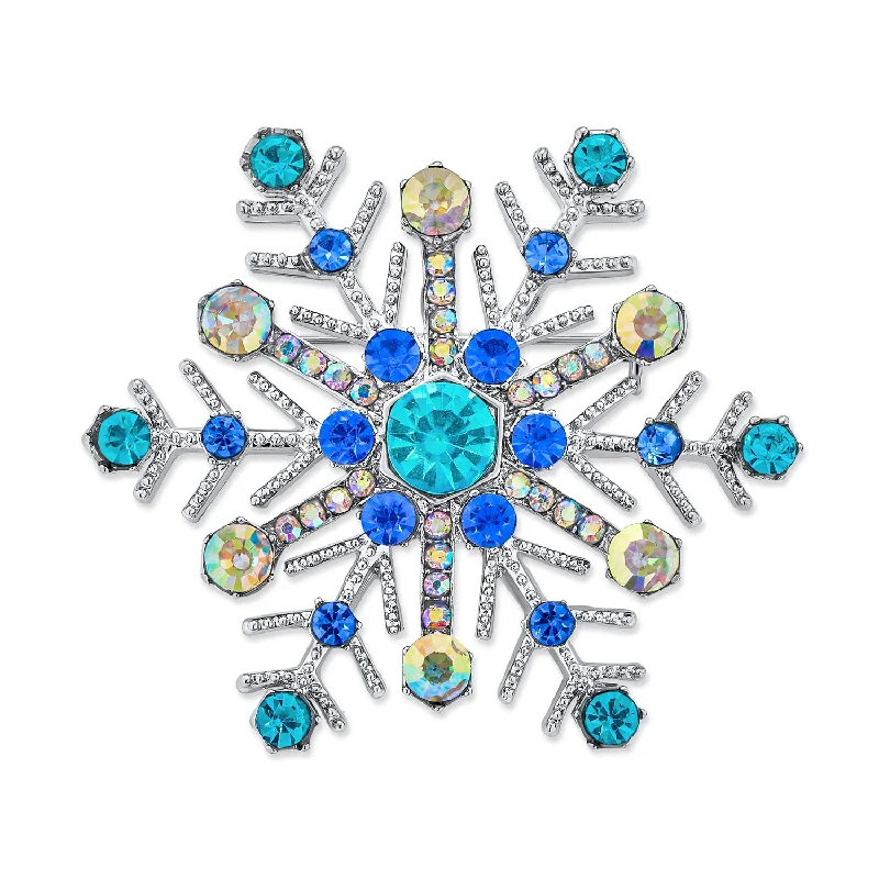 Tribal motif brooches-Large Multi Ice Blue Snowflake Brooche Pin Crystal Holiday Party Rhodium Plated