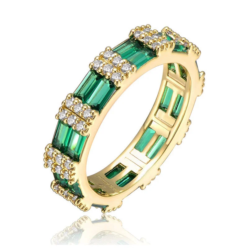 Deer motif rings-14k Gold Plated with Double Emerald Green Cubic Zirconia Band Ring