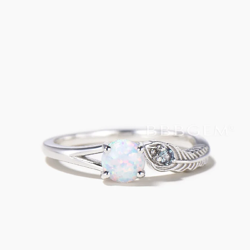 Small star rings-5mm Round Cut White Opal Alexandrite Peacock Feather Split Shank Wedding Ring