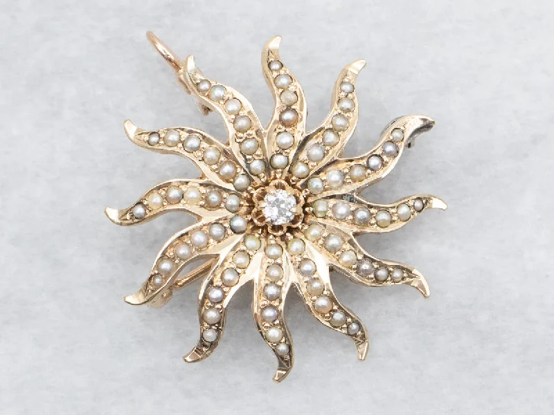 Handcrafted artisan brooches-Antique Old Mine Cut Diamond and Seed Pearl Brooch or Pendant