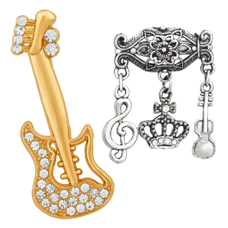 Handmade enamel brooches-Mahi Combo of Musical Notes Charms and Guitar Wedding Brooch / Lapel Pin with White Crystals for Men (CO1105466M)