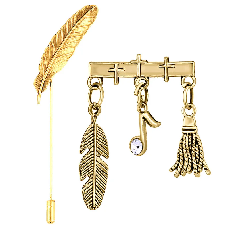 Bold geometric brooches-Mahi Combo of Leaf and Musical Note, Feather Charms Wedding Brooch / Lapel Pin with White Crystals for Men (CO1105510G)