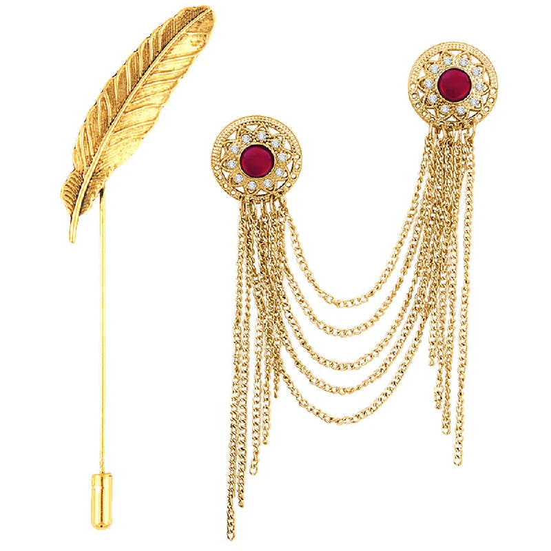 Beaded edge brooches-Mahi Combo of Leaf and Layered Chains Wedding Brooch / Lapel Pin with Maroon Crystals for Men (CO1105492G)