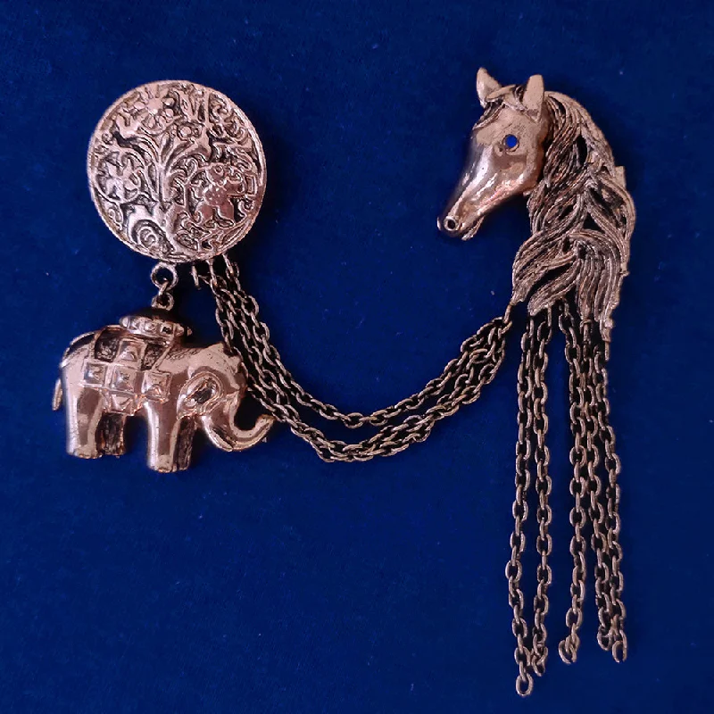 Coin medallion brooches-Mahi Antique Rosegold Plated Baby Elaphant and Horse Face Shaped Floral Brooch Pin with Chain for Men (BP1101093Z)