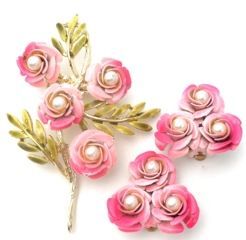 Moroccan style brooches-Pink Enamel Pearl Flower Brooch Set