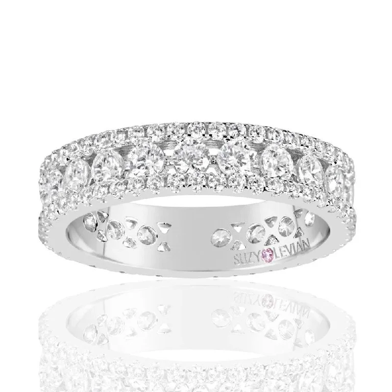 Round gem rings-Suzy Levian Sterling Silver Cubic Zirconia White Three Row Modern Eternity Band