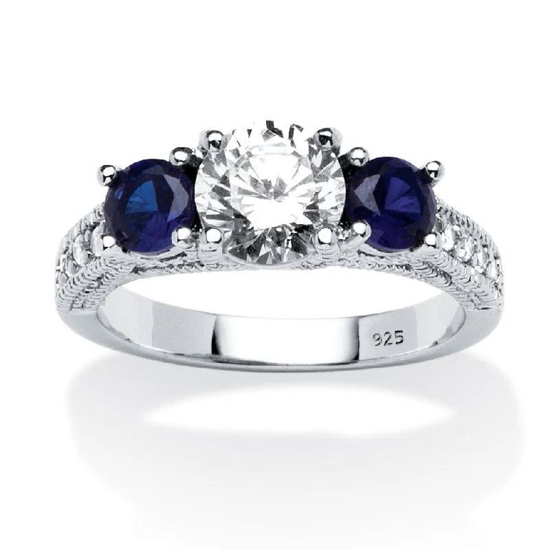 Petal carved rings-2.47 Cttw. Cubic Zirconia and Simulated Sapphire Sterling Silver 3-Stone Ring