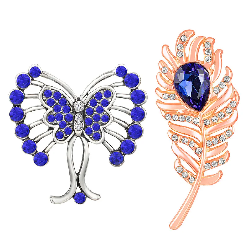 Rainbow bead brooches-Mahi Combo of Peacock Feather and Butterfly Shaped Wedding Brooch / Lapel Pin with Blue, White Crystals for Women (CO1105500M)