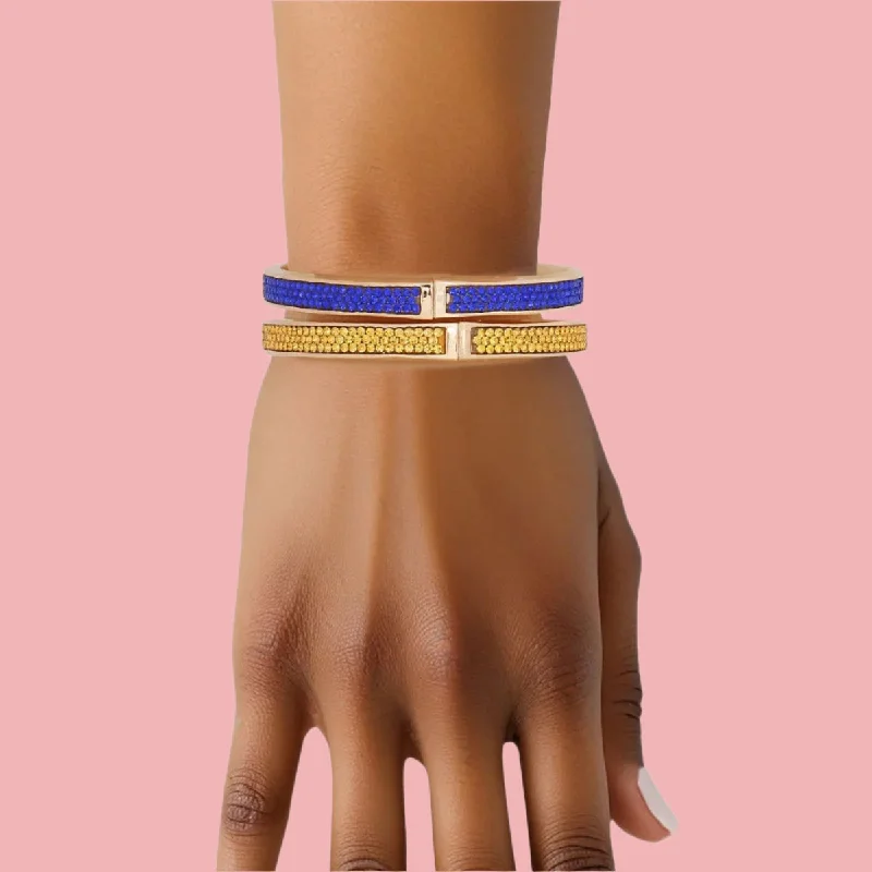 Chiseled metal bangles-Gold and Blue Rhinestone Bangles – 2-Piece Set