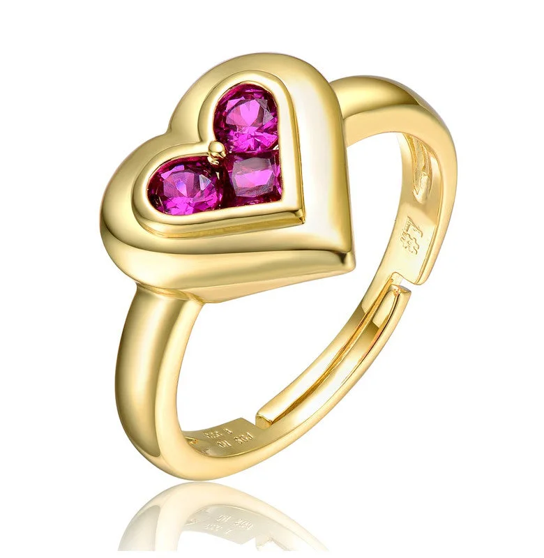 Flex open rings-14k Gold Plated with Ruby Red Cubic Zirconia Cluster 3-Heart Halo Promise Ring