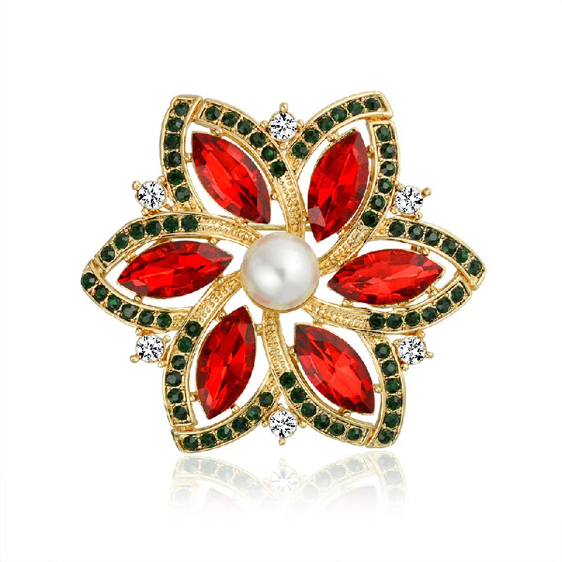 Teardrop gem brooches-Red Marquise Crystal Pearl Poinsettia Flower Brooche Pin Gold Plated Holiday Scarf