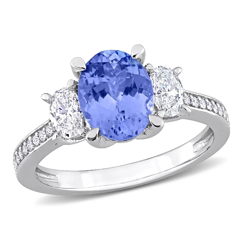 Verdigris bronze rings-Mimi & Max Oval Cut Tanzanite 5/8ct Diamond 3-Stone Ring 14k White Gold