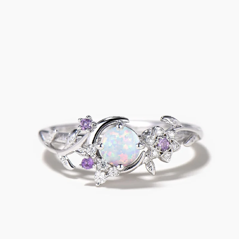 Stranded motif rings-Round Cut Opal Engagement Ring Crescent Moon Cluster Amethyst Leaf Vine Ring