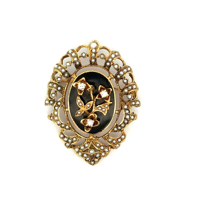 Wooden inlay brooches-Vintage Onyx, Seed Pearl and Diamond Brooch in Yellow Gold