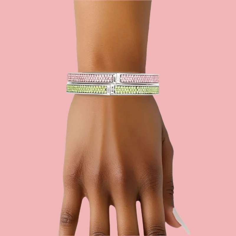 Flexible thread bracelets-Pink and Green Rhinestone Bangles – 2-Piece Set