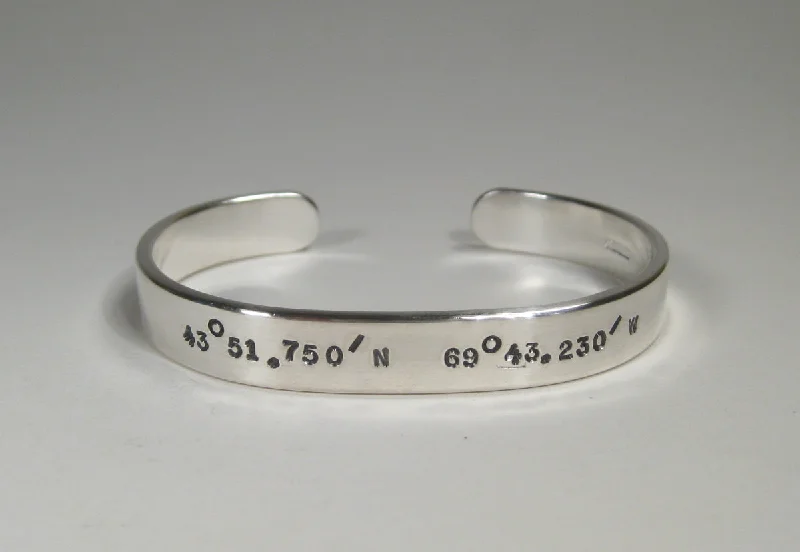 Fine form bracelets-Women's Sterling Silver Cuff w/ Latitude & Longitude, 8mm, Small Text