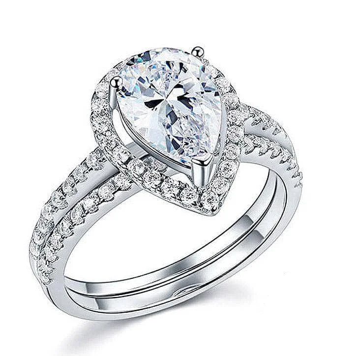 Tapered shank rings-2.0 Ct Pear-cut Diamond Halo Engagement Ring Set