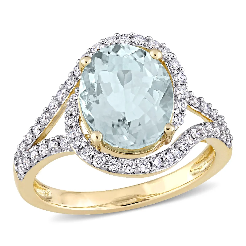 Bold stone rings-Mimi & Max 3 1/5ct TGW Aquamarine 1/2ct TDW Diamond Swirl Ring 14k Yellow Gold