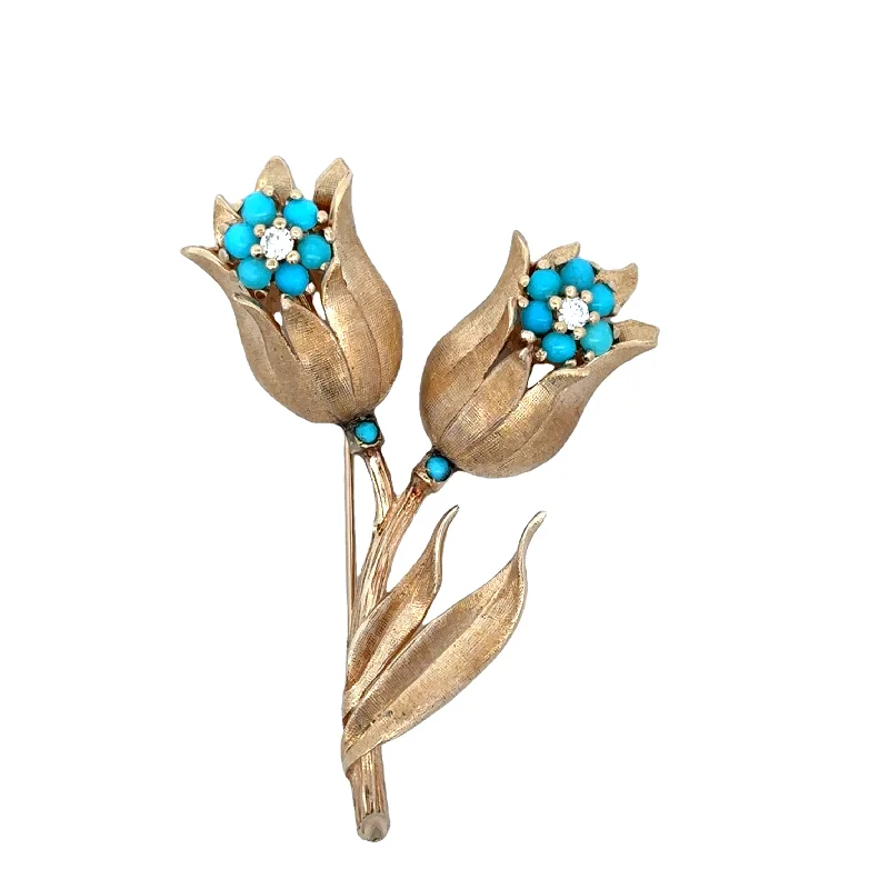 Peacock feather brooches-Vintage Turquoise Cabochon and Diamond Flower Brooch in Yellow Gold