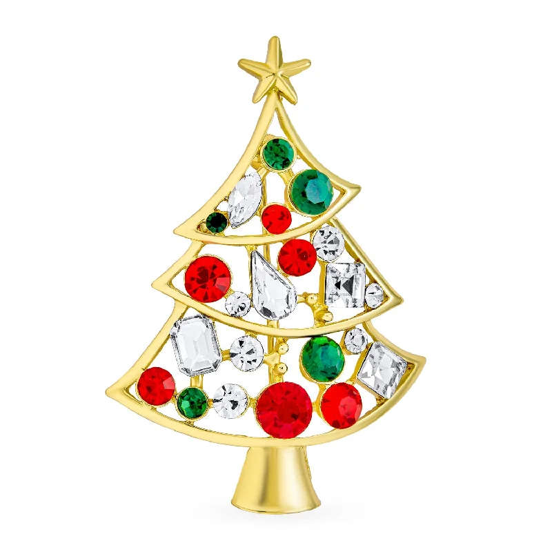 Heart-shaped brooches-Sparkling Crystal Christmas Tree Brooche Pin Red Green White Gold Plated