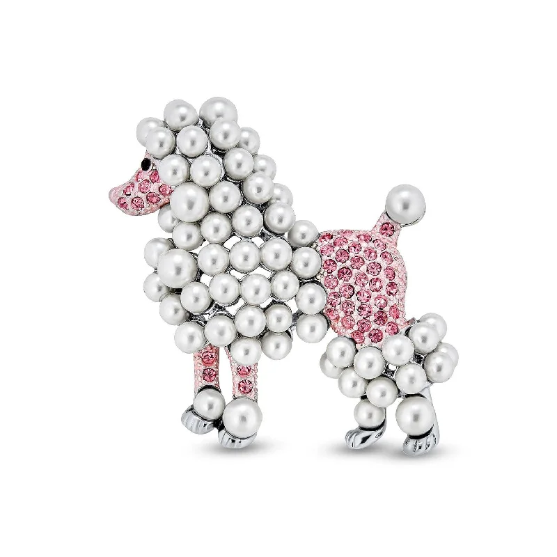 Shell inlay brooches-Fashion Crystal White Pearl Pink Poodle Brooche Pin Rhodium Plated Statement