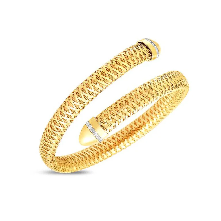 Bead-woven bangles-Roberto Coin Primavera 18K Yellow Gold Flexible Snake Cuff with Diamonds