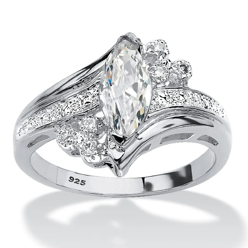 Light texture rings-1.03 TCW Marquise-Cut Cubic Zirconia Platinum-Plated Silver Engagement Ring