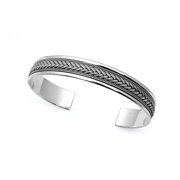 Clear diamond bracelets-Men's Silver Bangle | Braided Sterling Silver Cuff Bangle for Men