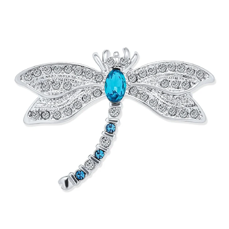 Emerald floral brooches-Dragonfly Firefly Brooche Pin Blue CZ Sapphire Insect Motif Rhodium Brass