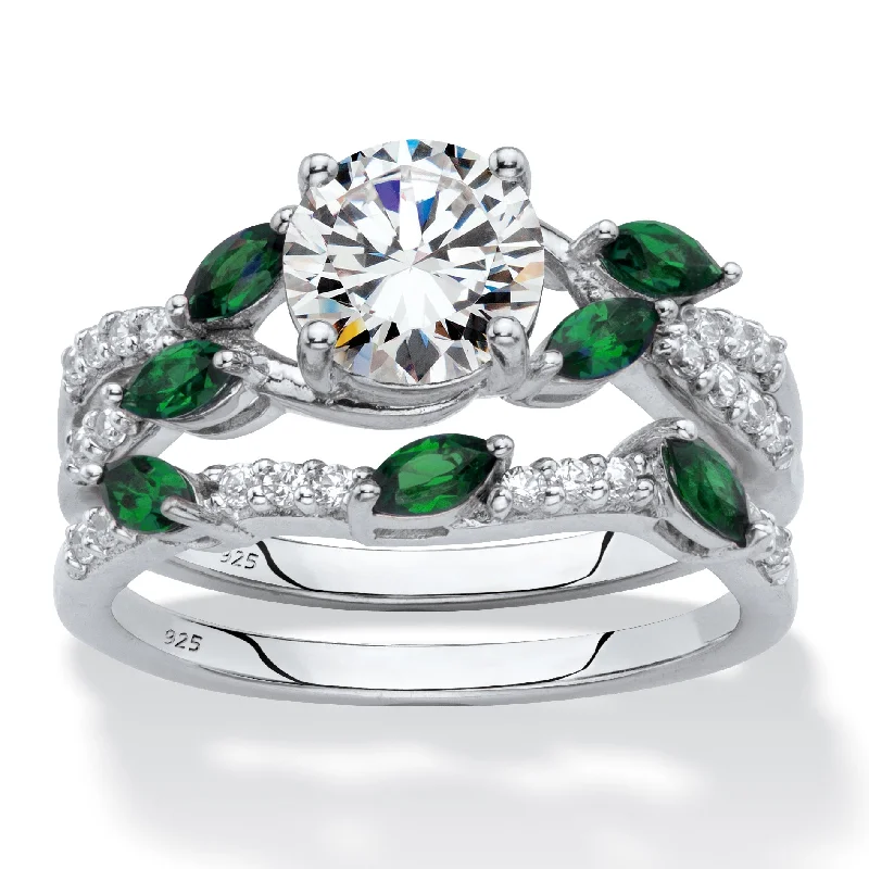 Wide cocktail rings-2.35 Cttw. Platinum-plated Silver Cubic Zirconia Created Emerald Bridal Ring Set