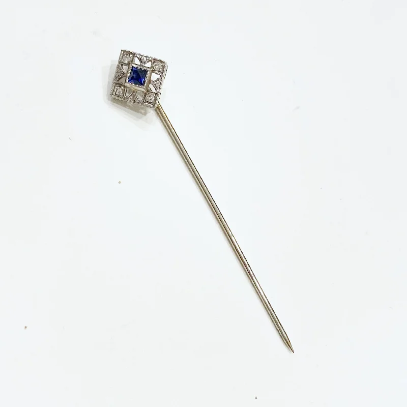 Matte black brooches-Estate Collection Brooch - Stick Pin 14K White Gold w/Blue Stone & Diamonds