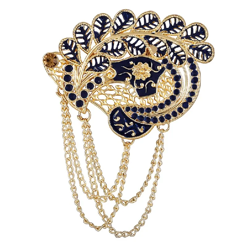 Fringe tassel brooches-Mahi Navy Blue Meenakari Enamel Peacock Shaped with Hanging Chain Brooch for Men (BP1101125GNBlu)