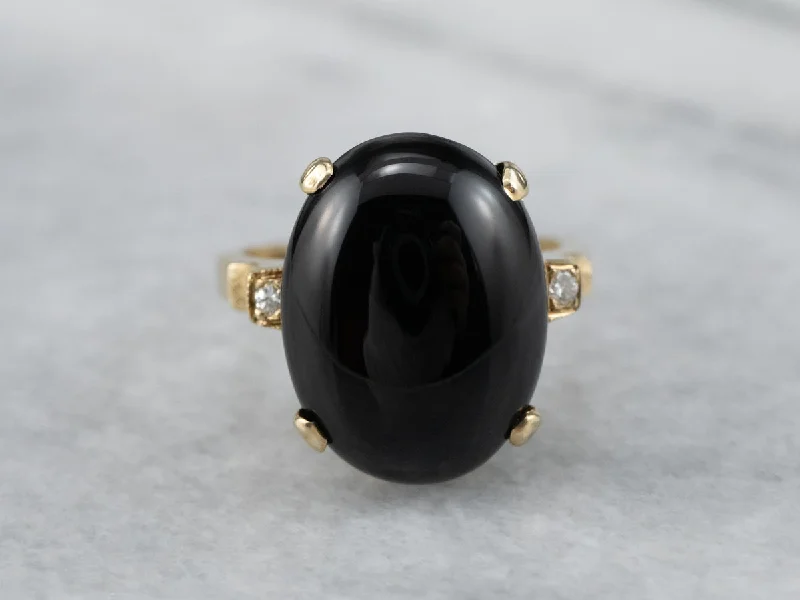 Warm clay rings-Black Onyx Diamond Yellow Gold Ring