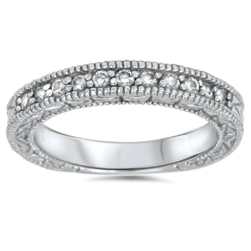 Subtle filigree rings-1/3ct Diamond Ring Vintage Antique Wedding Womens Band 14K White Gold