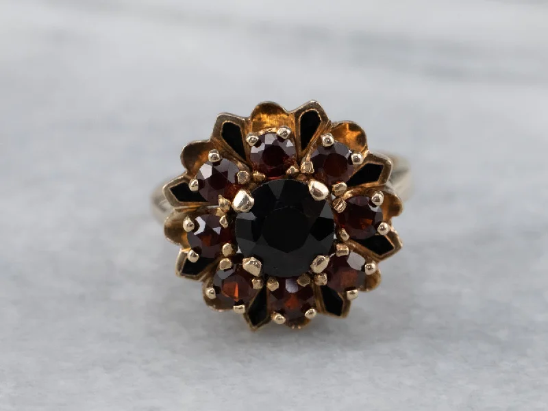 Firm clasp rings-Vintage Garnet Black Enamel Halo Ring